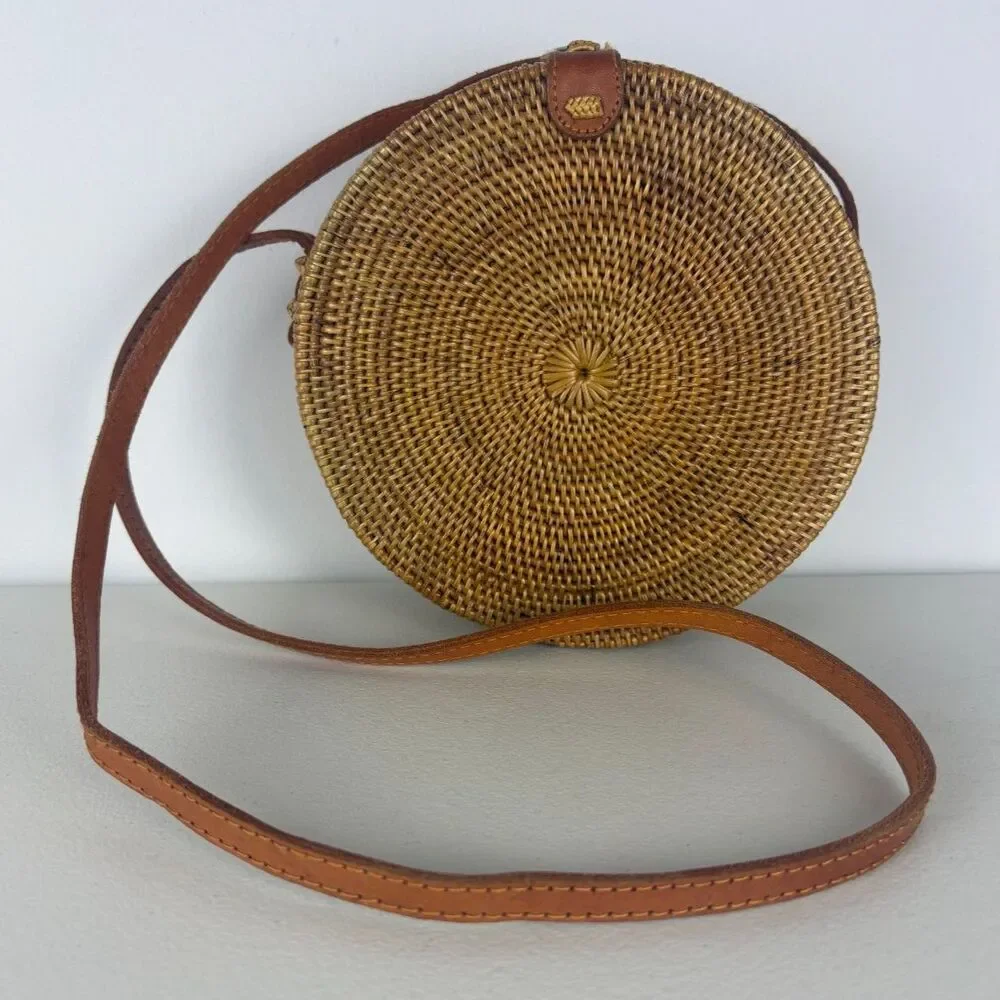 Bali Ata Grass Round Crossbody Bag Rattan Leather Batik Lined Boho Wicker Purse